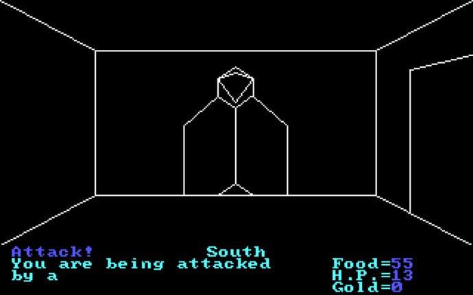 Fighting a thief in a wireframe dungeon in 1979's Akalabeth: World Of Doom
