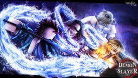 A trio of slayers take on a wolf-pig-headed demon-man in a banner for Demon Slayers RPG 2 on Roblox.