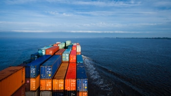 Ocean Freight Overhead view of full container ship on water