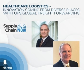 Healthcare Logistics - Innovation Coming From Diverse Places Slide showing title of webinar and headshots of speakers Dan Gagnon and Tim Fosnough