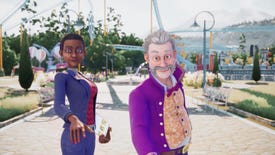 Man in purple suit makes aggressive eye contact with the camera in Park Beyond's trailer