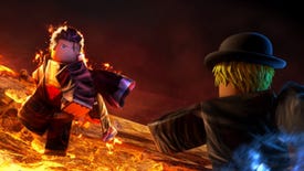 Promotional Roblox Blox Fruits art of two characters fighting while surrounded by magma.