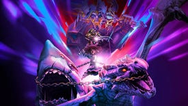 Tiny Tina waterskiis atop a shark and a dragon while an armoured devil looks on, in a promotional image for Tiny Tina's Wonderlands.